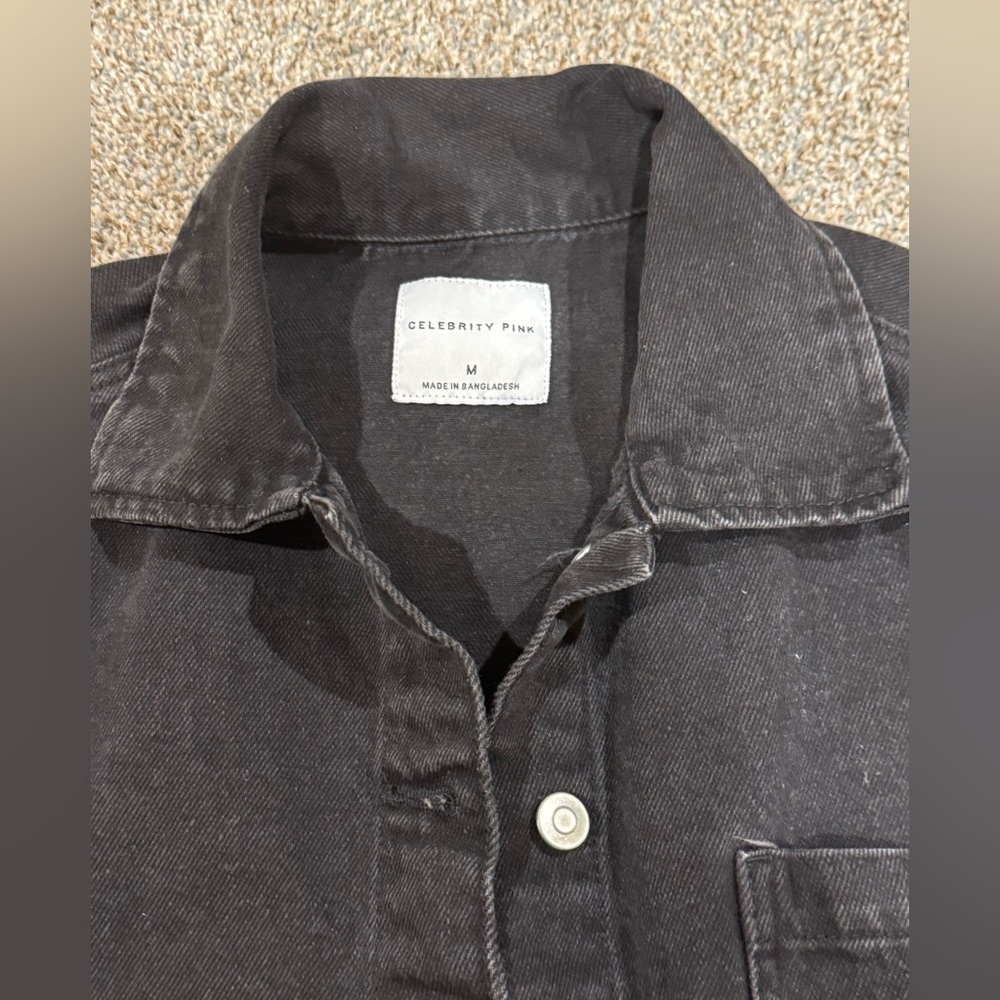 Celebrity Pink: Black Denim Frayed Hem Button-Up Women’s Jacket Size Medium - Picture 2 of 14